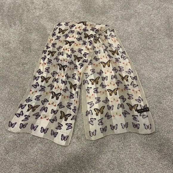Echo Accessories - Echo 100% silk white purple butterfly print scarf EUC